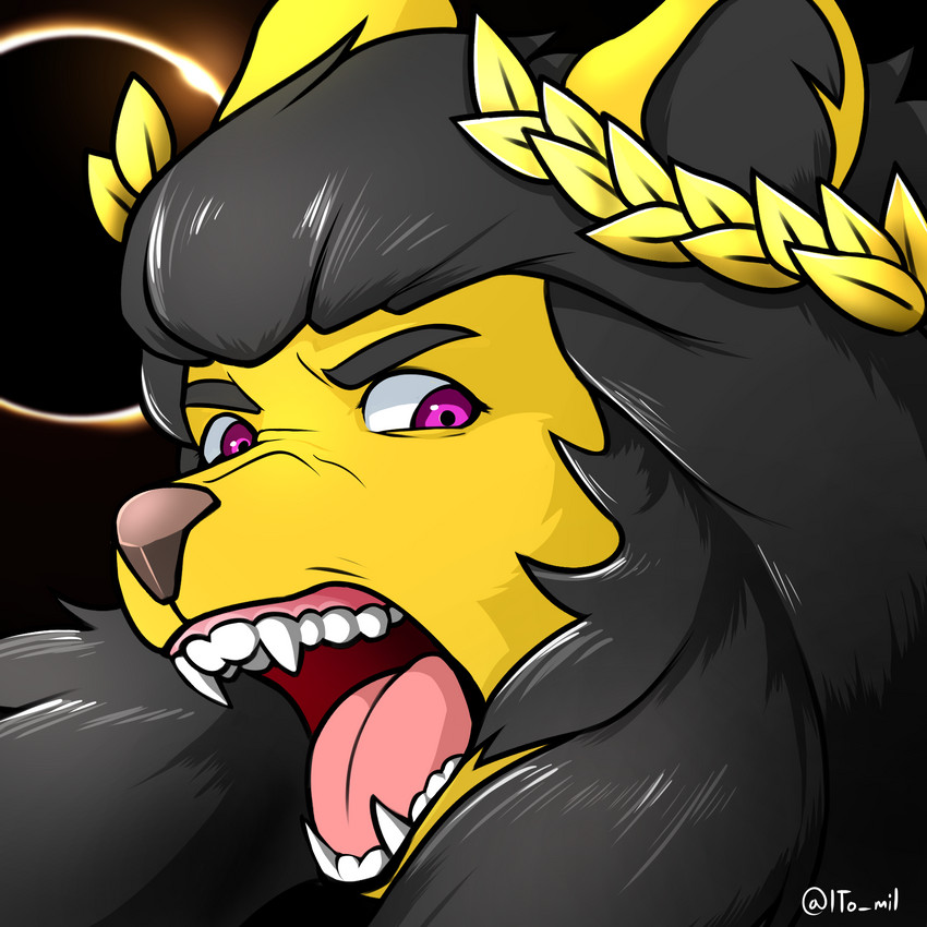 angry anthro black_mane crown fangs headgear laurel_wreath male mane open_mouth purple_eyes solo teeth tomiwoof bilyonaire felid lion mammal pantherine 1:1 hi_res