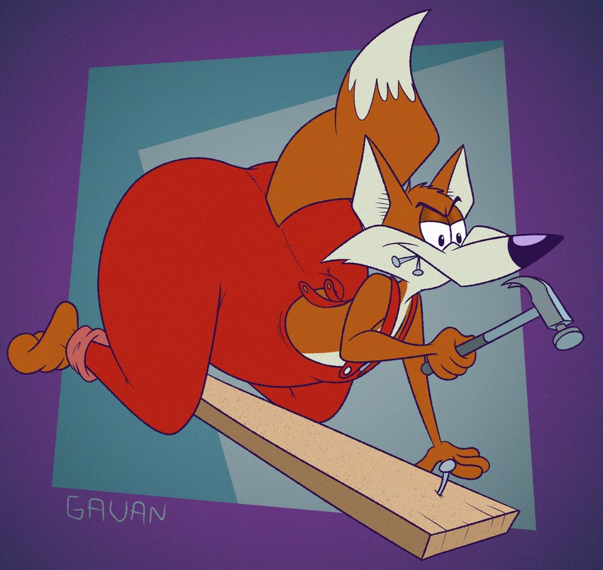 3_toes 4_fingers abstract_background anthro arm_support barefoot big_butt big_tail biped black_eyebrows black_eyes black_nose butt butt_pose cheek_tuft clothed clothing crouching dipstick_tail eyebrows facial_tuft feet fingers fluffy fluffy_tail forward_arm_support fur half-closed_eyes hammer holding_hammer holding_object holding_tool huge_butt humanoid_heel kneeling male markings multicolored_body multicolored_fur nail nail_in_mouth narrowed_eyes orange_body orange_fur overalls overalls_only plank plantigrade pose raised_tail red_clothing red_overalls solo tail tail_markings toes tools topless topless_anthro topless_male tuft two_tone_body two_tone_fur white_body white_fur white_sclera white_tail_tip wide_hips wood wooden_plank gavanzude payless_diy canid canine fox mammal red_fox true_fox 2024 alternate_version_at_paywall colored digital_drawing_(artwork) digital_media_(artwork) flat_colors hi_res pinup signature
