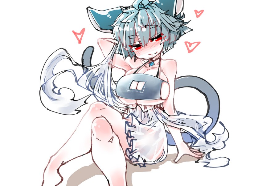 ahoge big_breasts big_ears blush breasts cleavage clothed clothing female grey_hair hair heart_symbol jewelry pendant raised_arm red_eyes short_hair sitting smile solo swimwear sabitare touhou nazrin animal_humanoid humanoid mammal mammal_humanoid mouse_humanoid murid murid_humanoid murine murine_humanoid rodent rodent_humanoid absurd_res hi_res