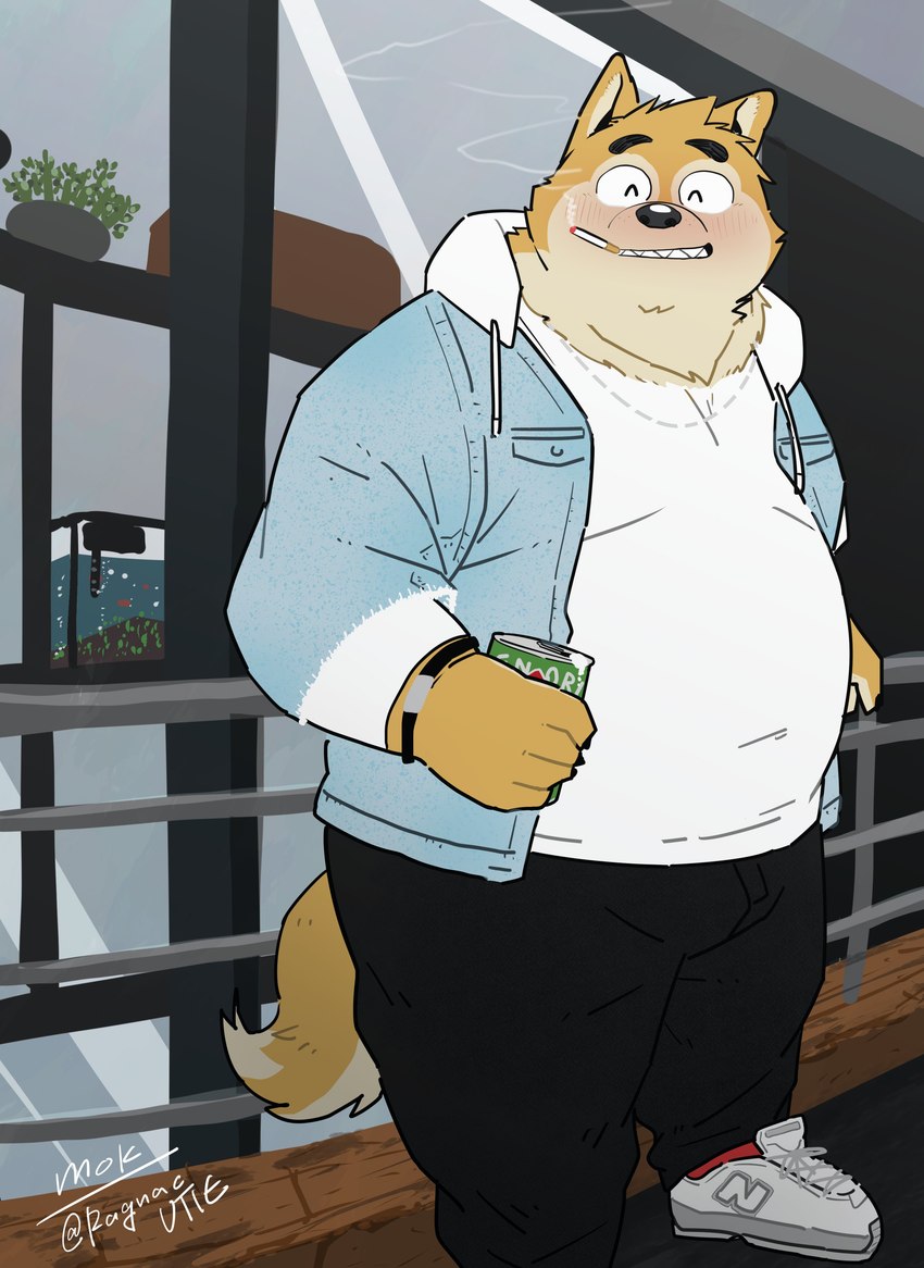 anthro blush bottomwear clothing detailed_background eyes_closed hoodie humanoid_hands kemono male overweight overweight_male pants solo topwear uokkom canid canine canis domestic_dog mammal 2022 absurd_res hi_res