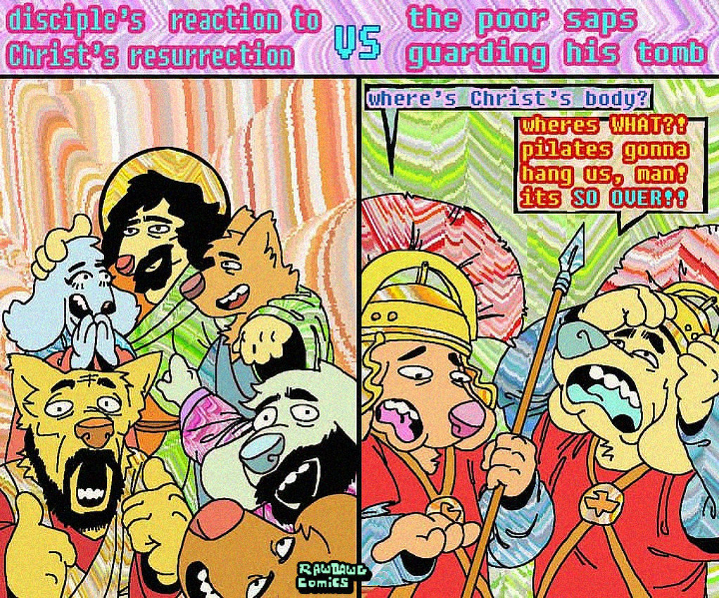 anthro armor beard dialogue duo facial_hair female group hair halo happy headgear helmet holidays legionary male melee_weapon polearm religion roman_empire spear teal_hair text weapon rawdawgcomics easter soyjak two_soyjaks_pointing jesus_christ canid canine canis domestic_dog mammal 2025 comic english_text