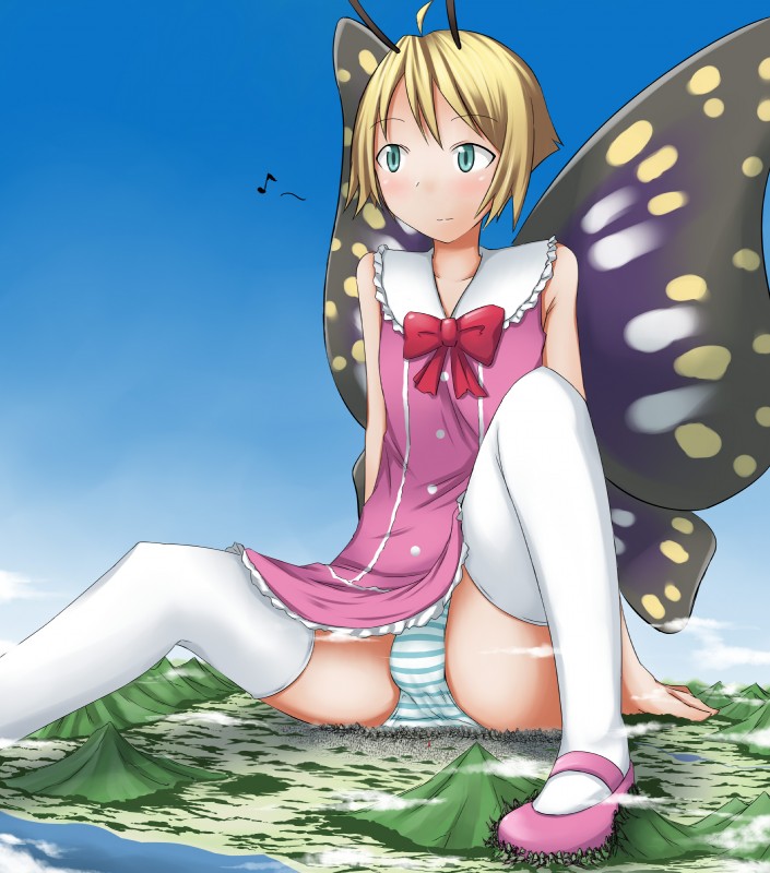 beach blonde_hair blue_eyes bottomwear bulge clothed clothing day detailed_background dress femboy footwear hair insect_wings legwear macro male mary_janes mountain musical_note musical_symbol outside panties pattern_bottomwear pattern_clothing pattern_panties pattern_underwear pink_clothing pink_dress pupils seaside shoes sky slit_pupils solo stockings striped_bottomwear striped_clothing striped_panties striped_underwear stripes symbol tan_body tan_skin thigh_highs underwear upskirt wings ochiko_terada shimotsuma shimon animal_humanoid arthropod arthropod_humanoid butterfly butterfly_humanoid humanoid insect insect_humanoid lepidopteran lepidopteran_humanoid swallowtail_butterfly absurd_res digital_media_(artwork) hi_res source_request