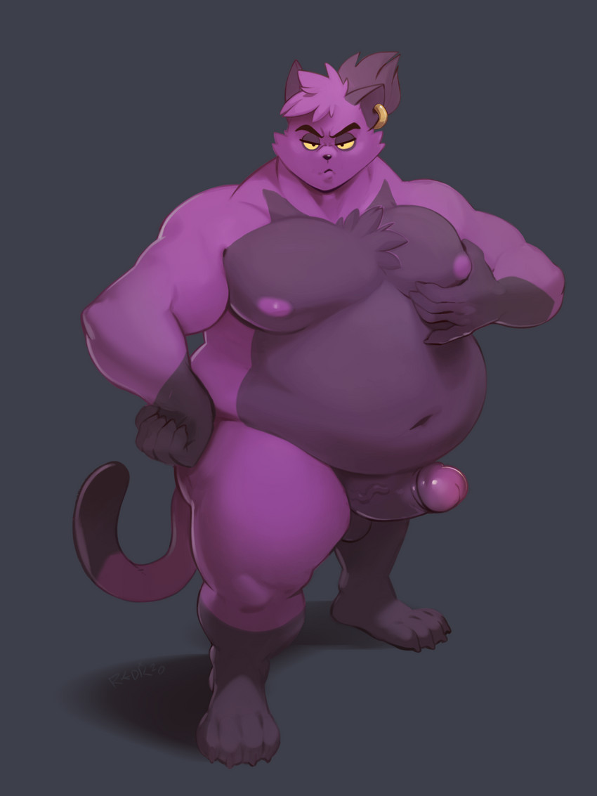 anthro balls black_background ear_piercing erection feet fingers fur genitals glare hair hand_on_moob looking_at_viewer male moobs nipples nude overweight overweight_anthro overweight_male penis piercing purple_body purple_fur purple_hair simple_background slightly_chubby slightly_chubby_male solo standing tail conditional_dnp erobos redic-nomad ankama dofus fan_character leliel demigod domestic_cat ecaflip felid feline felis mammal 3:4 hi_res