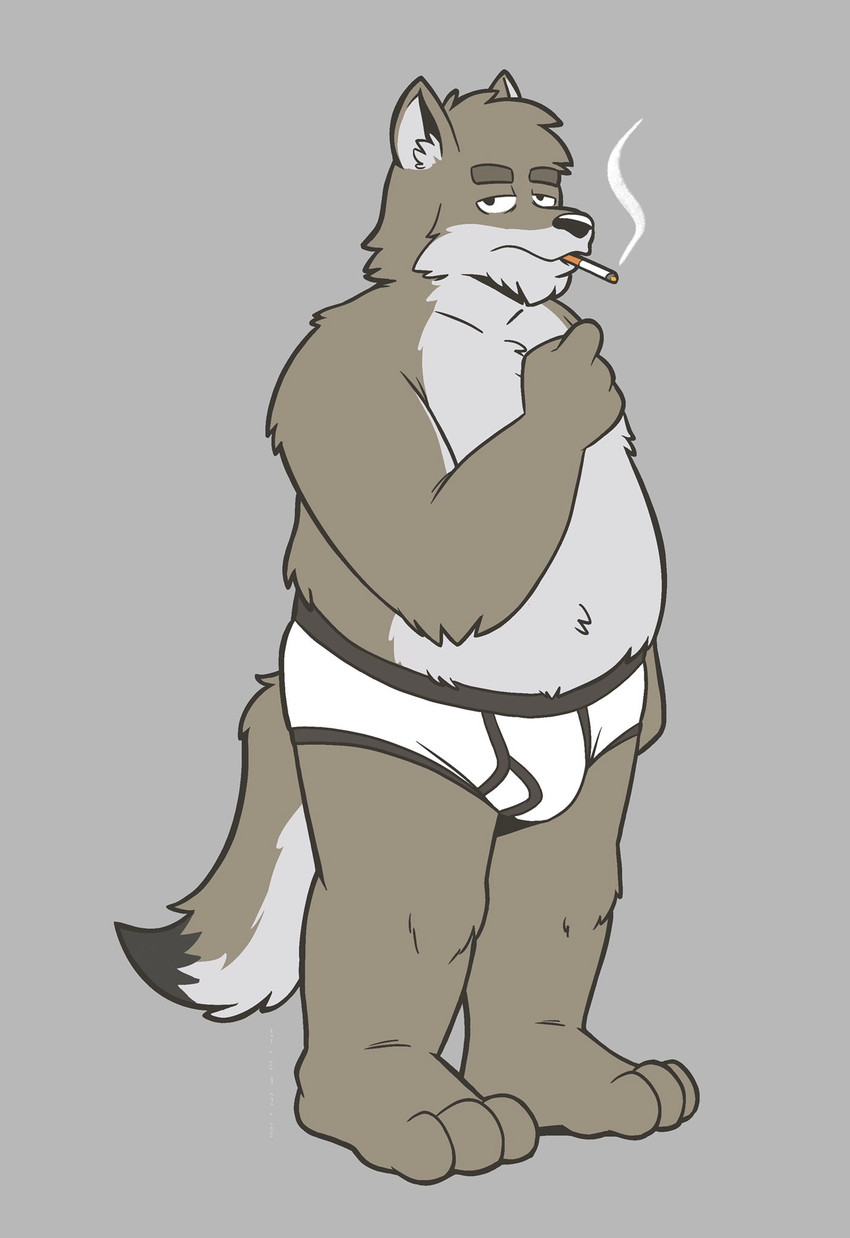 3_toes 4_fingers anthro arm_tuft biped black_nose briefs brown_body brown_fur cigarette clothed clothing elbow_tuft feet fingers fist fur grey_background grey_body grey_fur half-closed_eyes inner_ear_fluff knee_tuft leg_tuft looking_at_viewer male morse_code narrowed_eyes overweight overweight_anthro overweight_male simple_background slightly_chubby smoke smoking solo standing tan_body tan_fur three-quarter_view toes tuft underwear underwear_only heyitscousindave cousin_dave canid canine canis coyote mammal 2020 digital_media_(artwork) hi_res