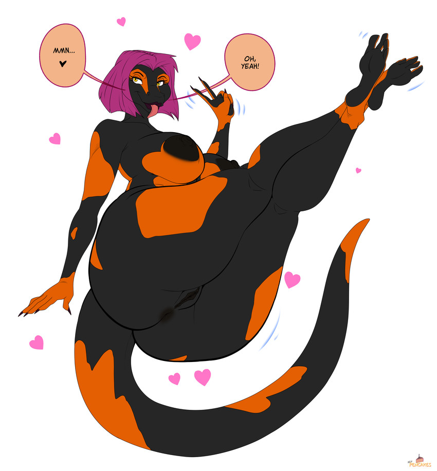 4_toes 5_fingers anthro anus areola big_breasts black_areola black_body breasts eyelashes feet female fingers genitals gesture hair hand_gesture heart_symbol looking_at_viewer multicolored_body orange_body pink_hair sharp_teeth solo speech_bubble teeth text thick_thighs toes tongue tongue_out two_tone_body v_sign vulva yellow_eyes deadpliss mewpan maxine_(maxdamage_rulz) amphibian fire_salamander salamander absurd_res hi_res