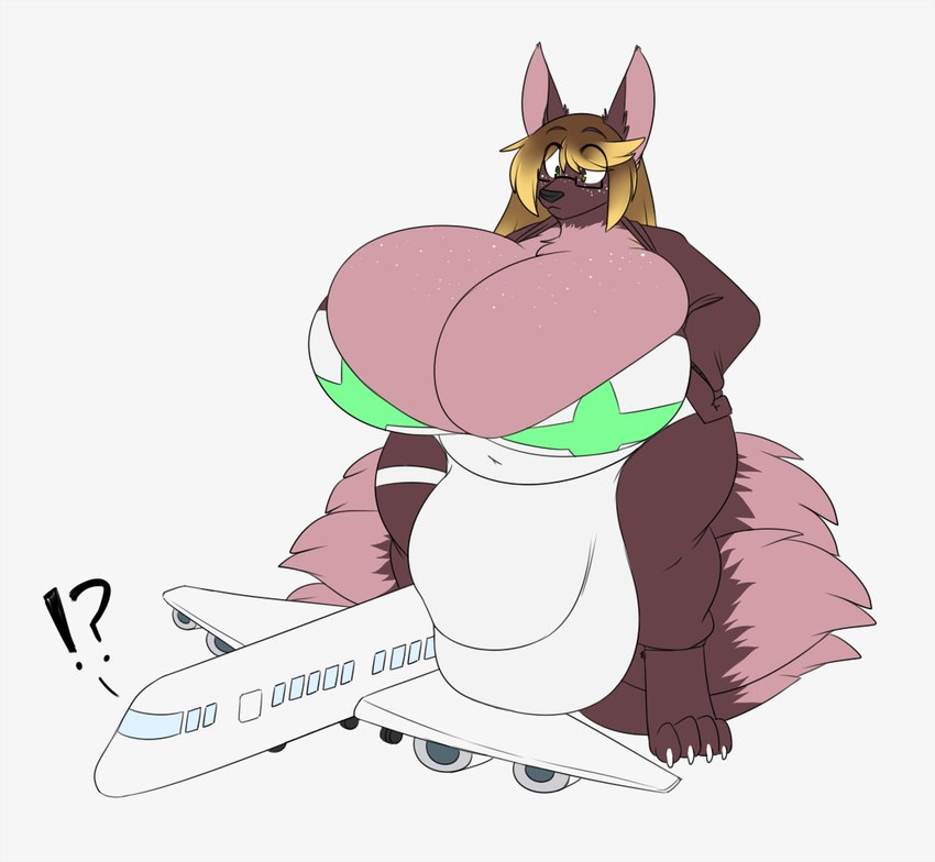 after_transformation aircraft airplane anthro big_breasts big_bulge breasts brown_hair bulge clothing fur gynomorph hair huge_breasts huge_bulge hyper hyper_bulge interrobang intersex looking_down macro multi_tail navel simple_background solo surprised tail vehicle white_background robertge canid canine fox mammal 2024 digital_media_(artwork)