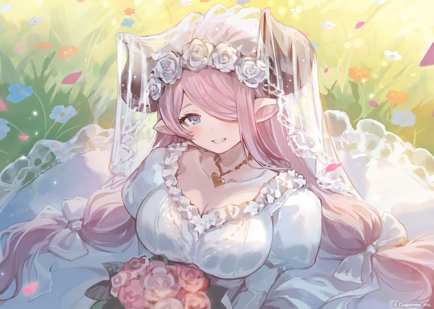 accessory blue_eyes blush bouquet bow_ribbon breasts bride cleavage clothed clothing collarbone dress female flower flower_bouquet flower_on_head flower_ornament hair hair_accessory hair_bow hair_ribbon heart_necklace horn jewelry looking_at_viewer necklace one_eye_obstructed plant purple_hair ribbons sitting_on_grass smile smiling_at_viewer solo veil wedding_dress minaba_hideo cygames granblue_fantasy narmaya draph horned_humanoid humanoid official_art