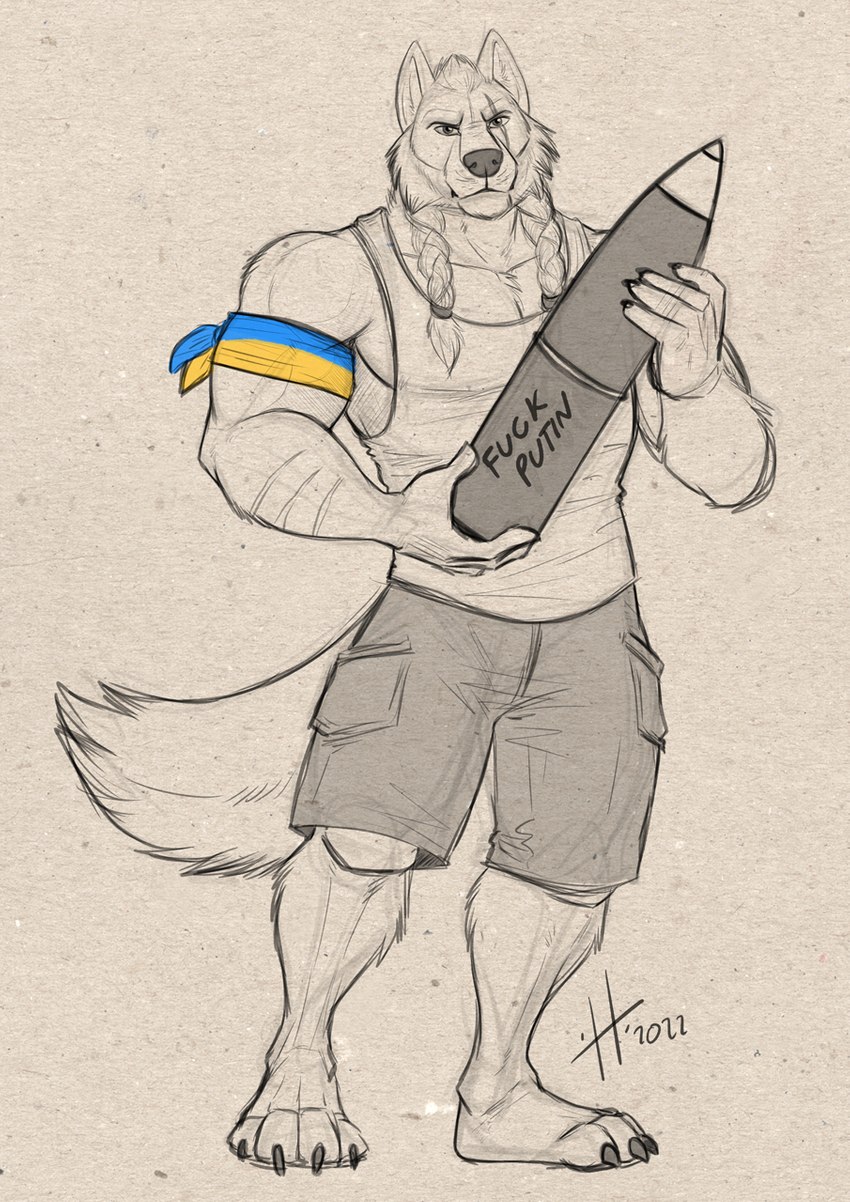 4_toes ammunition anthro barefoot biped bottomwear braided_pigtails claws clothing feet front_view holding_object looking_at_viewer male missile pawpads pigtails plantigrade politics scar shell_(projectile) shorts simple_background solo standing toe_claws toes ukraine white_background hufnaar russo-ukrainian_war canid canine canis mammal wolf 2022 full-length_portrait hi_res portrait spot_color