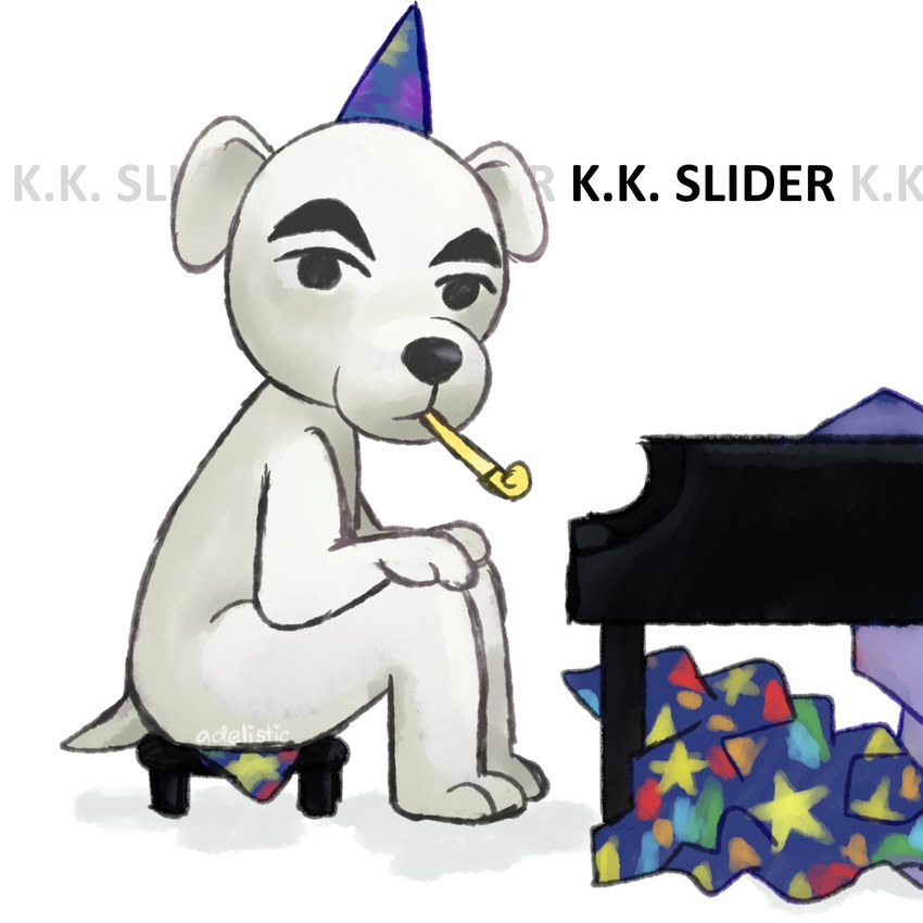 ambiguous_anthro ambiguous_gender anthro clothing furniture hands_on_knees hands_on_legs hat headgear headwear keyboard_instrument looking_at_viewer musical_instrument party_hat party_horn piano sitting solo stool tail text adelistic animal_crossing bo_burnham k.k._slider_album_redraw nintendo k.k._slider canid canine canis domestic_dog hunting_dog jack_russell_terrier mammal terrier 1:1 album_cover cover english_text hi_res meme watermark male_(lore)