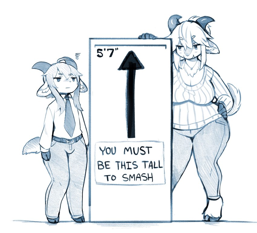 anthro clothed clothing duo female hair height_teasing male simple_background size_difference text conditional_dnp crunchobar cinnabar_(crunchobar) mineral_(crunchobar) bovid caprine goat mammal digital_media_(artwork) english_text hi_res