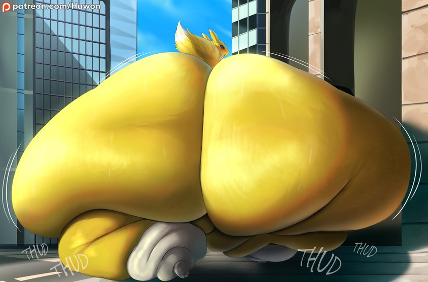 anthro big_butt blush bottom_heavy butt city fat_legs fat_rolls huge_butt huge_thighs hyper hyper_butt hyper_thighs looking_back solo sound_effects thick_thighs thud walking huwon bandai_namco digimon digimon_(species) renamon 2024 absurd_res hi_res