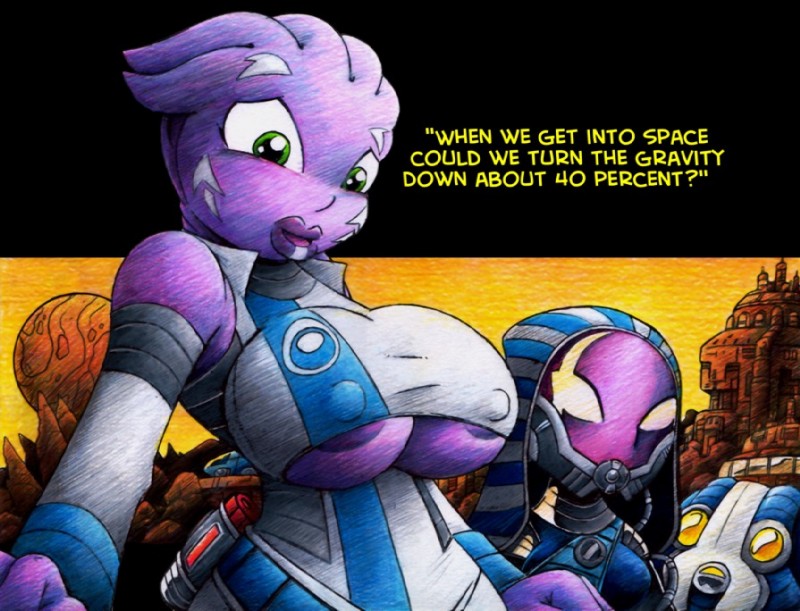 ambiguous_gender areola big_breasts breasts dialogue duo female green_eyes mask nipple_outline not_furry purple_body purple_skin text under_boob drake_fenwick bioware electronic_arts mass_effect alien alien_humanoid asari humanoid quarian volus english_text