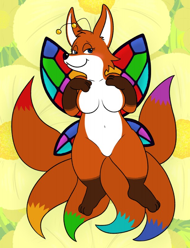 abstract_background antennae_(anatomy) anthro belly black_nose blue_eyes breasts brown_body brown_fur dipstick_tail eyelashes featureless_breasts featureless_crotch female fur half-closed_eyes insect_wings leg_markings lepidopteran_wings markings multi_tail multicolored_tail narrowed_eyes navel nude seductive smile socks_(marking) solo tail tail_markings white_body white_fur wings nishi_oxnard alynna canid canine fairy fairy_fox fox mammal 2017 absurd_res colorful_theme hi_res