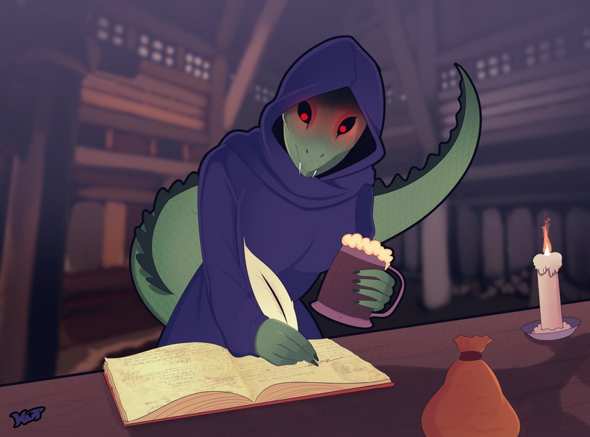 alcohol anthro beverage book candle cloak clothing female loose_feather notes pouch_(anatomy) pouch_purse quill red_eyes robe solo kooprite microsoft the_elder_scrolls meer-mah argonian scalie vampire absurd_res hi_res