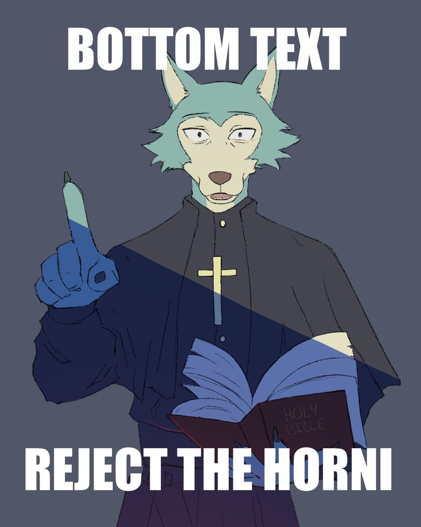 anthro book bottom_text christianity claws cloak clothed clothing cross eyebrows front_view fur gesture grey_background hand_gesture holding_book holding_object humor looking_at_viewer male open_book open_mouth pointing priest religion shadow simple_background solo standing text tuft calypsomw beastars bible legoshi_(beastars) canid canine canis mammal wolf 2024 english_text hi_res impact_(font) meme reaction_image