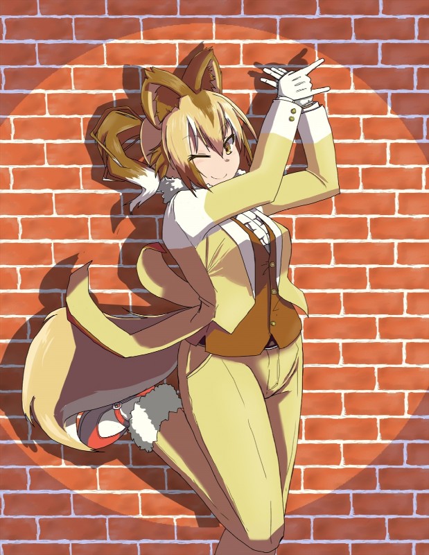 black_tie_(suit) bottomwear brown_hair clothed clothing female footwear gloves hair handwear inner_ear_fluff jacket legwear multicolored_hair one_eye_closed pants ponytail pose shoes smile socks solo suit topwear tuft two_tone_hair wink yellow_eyes kirschbaum kemono_friends dingo_(kemono_friends) animal_humanoid canid canid_humanoid canine canine_humanoid dingo_humanoid humanoid mammal mammal_humanoid hi_res