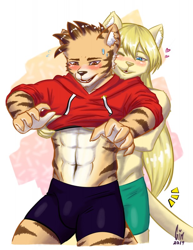 blush clothing duo heart_symbol male muscular undressing otorigin felid feline mammal pantherine tiger absurd_res hi_res