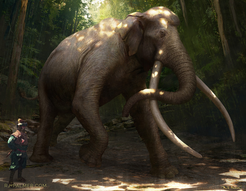 day detailed_background duo feral forest grass outside plant text tree arvalis elephant elephantid human mammal palaeoxodon proboscidean 2019 absurd_res digital_media_(artwork) english_text hi_res