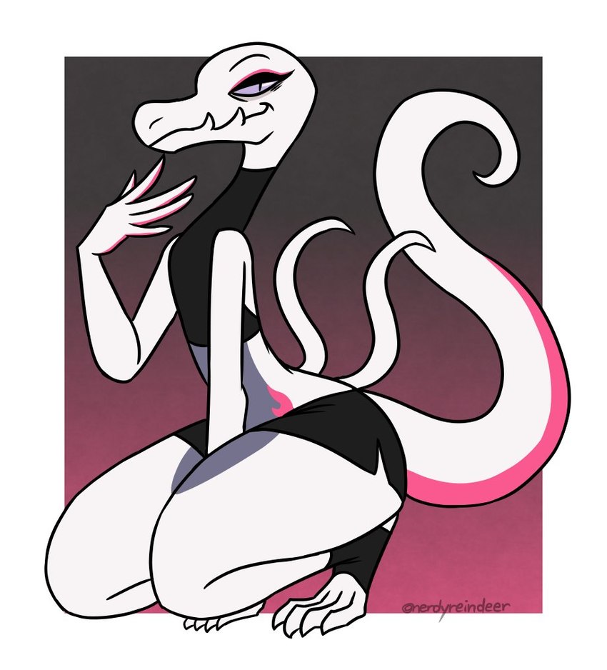 anthro bottomwear clothing crop_top crouching eye_bags female flat_chested looking_at_viewer shirt shorts smile solo topwear white_body nerdyreindeer nintendo pokemon generation_7_pokemon lizard pokemon_(species) reptile salazzle scalie shiny_pokemon