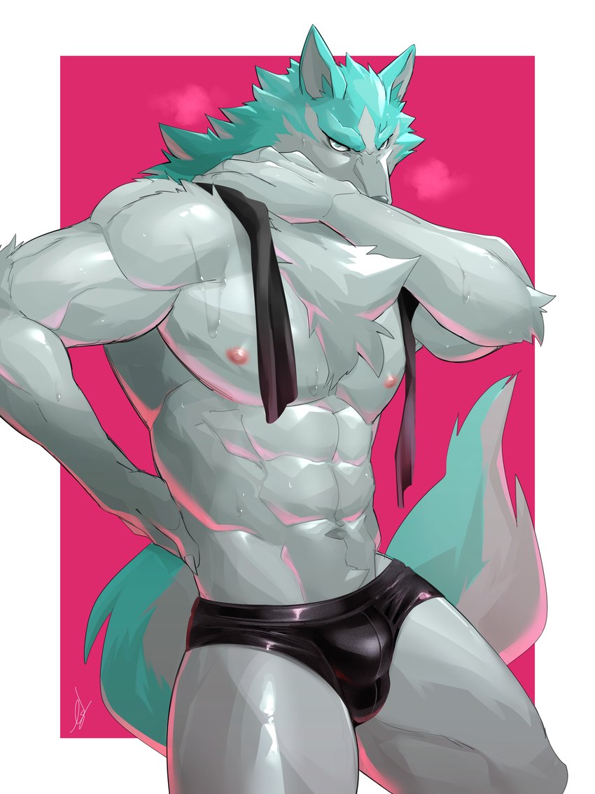 abs anthro biceps blue_body blue_eyes blue_fur bodily_fluids briefs bulge chest_tuft claws clothed clothing detailed_bulge finger_claws fur hand_on_hip looking_at_viewer male multicolored_body multicolored_fur muscular muscular_anthro muscular_male nipples pecs pink_background quads scarf simple_background skimpy solo sweat towel towel_around_neck triceps tuft two_tone_body two_tone_fur underwear white_background white_body white_fur ig1119 brand_new_animal studio_trigger shirou_ogami canid canine canis mammal wolf 2021 3:4 absurd_res hi_res portrait three-quarter_portrait