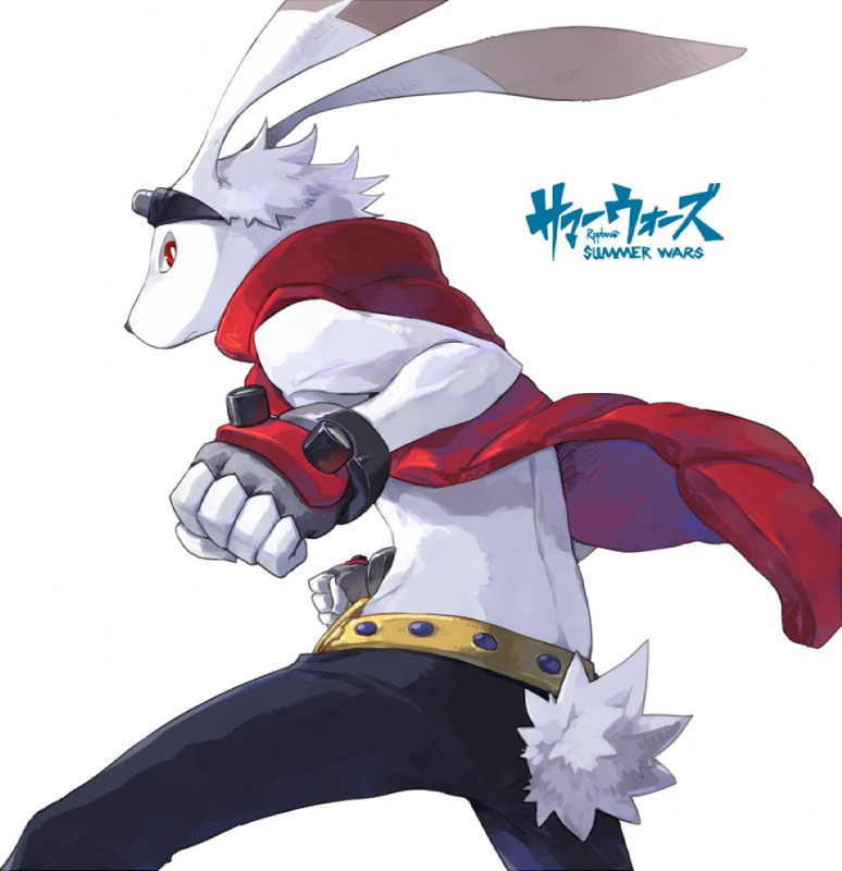 5_fingers anthro bottomwear cestus clothed clothing eyewear eyewear_on_head fingers fist fur gloves goggles goggles_on_head handwear looking_back male pants rear_view red_eyes simple_background solo text topwear vest white_background white_body white_fur rpbbw summer_wars king_kazma lagomorph leporid mammal rabbit english_text japanese_text