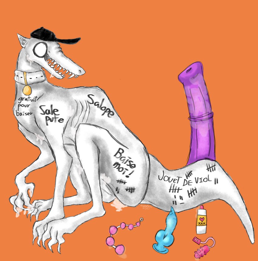 anal_beads animal_dildo animal_sex_toy baseball_cap bodily_fluids body_writing canine_dildo claws clothing collar cum cum_in_mouth cum_inside cum_on_body cum_pool digitigrade dildo emaciated equine_dildo fangs feral genital_fluids hat headgear headwear lube_bottle male ribs semi-anthro sex_toy sex_toy_background sitting skinny slim solo tally_marks teeth text vibrator western_tally_marks white_body white_skin writing_on_thigh queentexx off_(game) bad_batter_(off) the_batter_(off) monster french_text hi_res