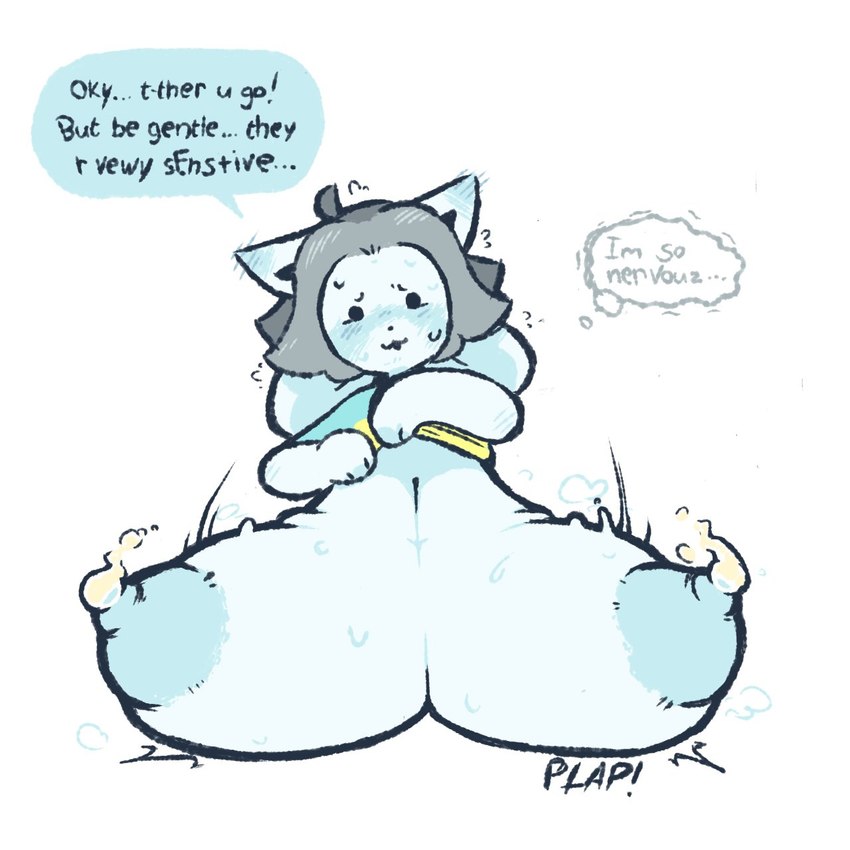 anthro areola big_breasts blush bodily_fluids breasts clothed clothing clothing_lift female female_anthro huge_breasts hyper hyper_breasts lactating looking_at_viewer milk nervous_smile nipples shirt shirt_lift smile smiling_at_viewer solo sound_effects speech_bubble text thought_bubble topwear nucr4r undertale undertale_(series) temmie_(undertale) tem 1:1 hi_res