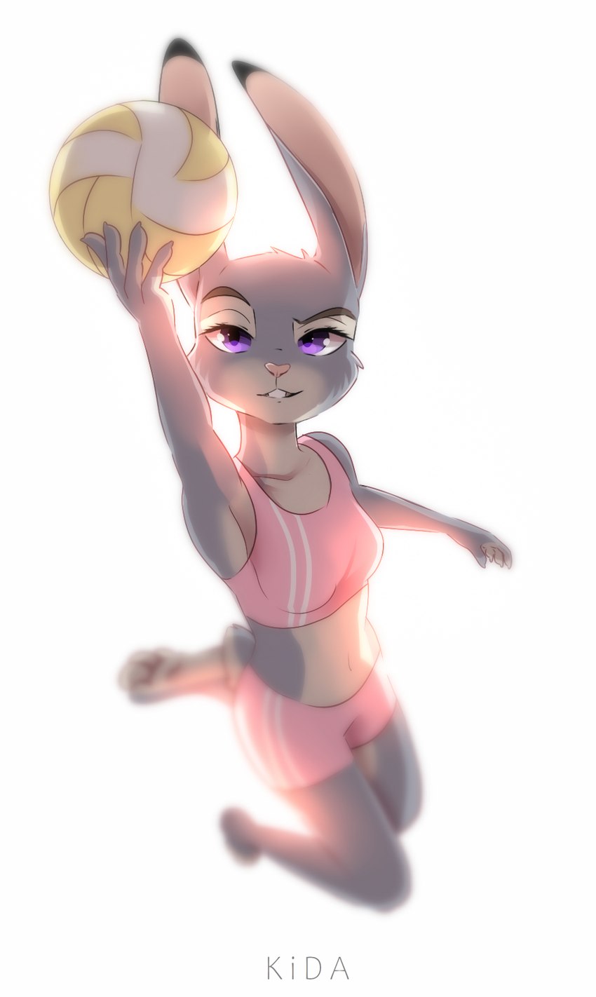 action_pose anthro ball barefoot breasts buckteeth clothed clothing feet female fully_clothed fur grey_body grey_fur pink_nose pose purple_eyes simple_background solo teeth volleyball_(ball) white_background kidaoriginal disney zootopia judy_hopps lagomorph leporid mammal rabbit 2021 hi_res