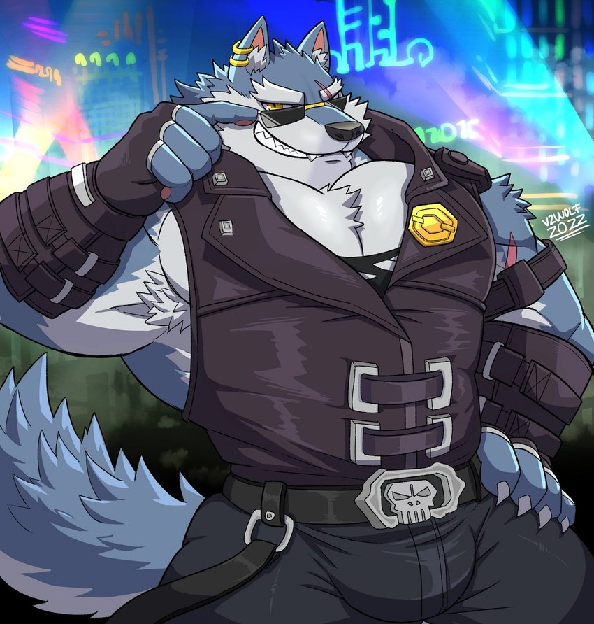 anthro armpit_hair badge belt_buckle body_hair buckle bulge clothing ear_piercing ear_ring eyewear fangs fingerless_gloves gloves handwear male muscular muscular_male pecs piercing ring_piercing scar sleeveless_jacket solo sunglasses teeth yellow_eyes v2wolf dislyte lilith_games freddy_(dislyte) canid canine canis mammal wolf hi_res