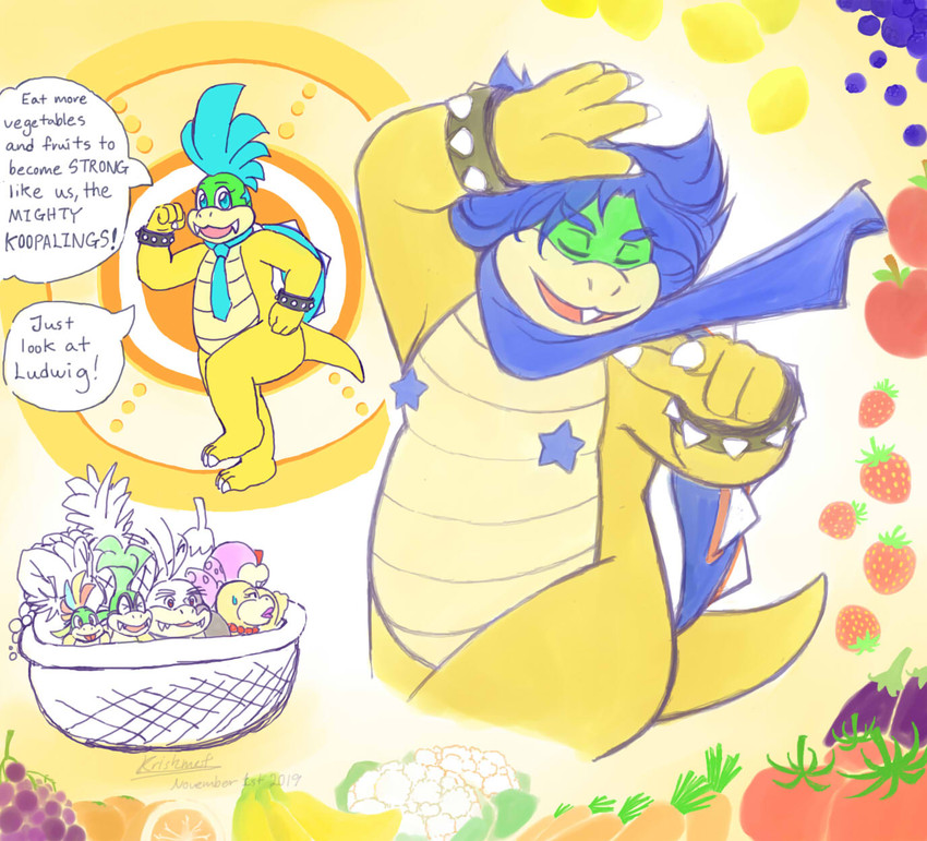 anthro belly blue_hair bracelet group hair humor jewelry male pasties scarf shell slightly_chubby spiked_bracelet spiked_shell spikes spikes_(anatomy) text krishmet lamazep_(producer) mario_bros nintendo popipo vocaloid hatsune_miku kaito_(vocaloid) koopaling larry_koopa ludwig_von_koopa english_text hi_res