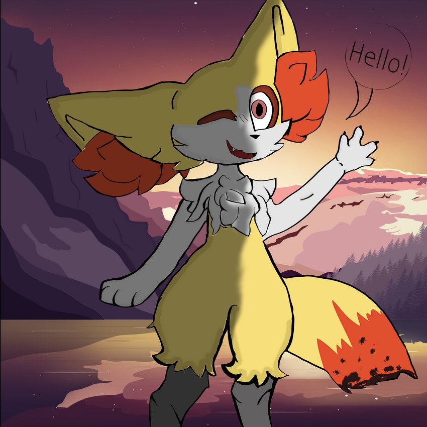 anthro burnt_fur fur looking_at_viewer red_body red_fur smile solo tail text white_body white_fur yellow_body yellow_fur videx nintendo pokemon smoke_rasbarry braixen canid canine fox generation_6_pokemon humanoid mammal pokemon_(species) 1:1 2023 absurd_res colored digital_media_(artwork) english_text hi_res andromorph_(lore) intersex_(lore)