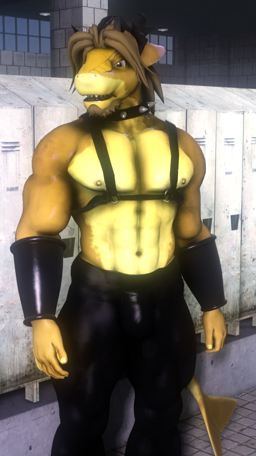 abs anthro beard bottomwear bulge clothing collar facial_hair grey_eyes hair horn leather leather_bottomwear leather_clothing leather_pants locker_room male muscular muscular_male pants pecs solo spiked_collar spikes straps tan_hair wristband sanguine_paladin gachimuchi warfare_machine clodius_larone demigod fish marine shark 3d_(artwork) 9:16 digital_media_(artwork) hi_res meme source_filmmaker_(artwork)