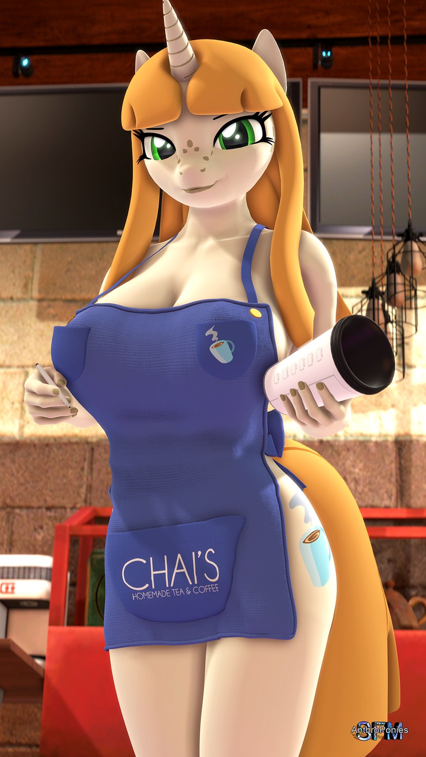 anthro apron apron_only breasts clothing coffee_cup container cup cutie_mark female freckles green_eyes hair holding_container holding_cup holding_object horn inside long_hair looking_at_viewer mostly_nude orange_hair pen solo writing_utensil anthroponiessfm hasbro i_mean_breast_milk my_little_pony mythology chai_malai equid equine mammal mythological_creature mythological_equine unicorn 3d_(artwork) 9:16 digital_media_(artwork) hi_res meme source_filmmaker_(artwork)