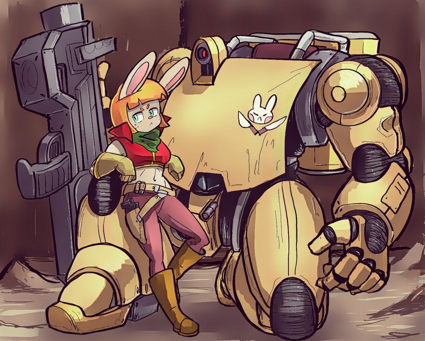 anthro duo female machine mecha weapon kaizooki carolina_gemalco_(kaizooki) humanoid lagomorph leporid mammal rabbit robot robot_humanoid