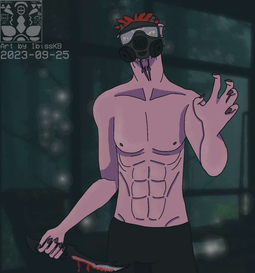 abs anthro arecibo_message blood blood_on_knife blurred_background bodily_fluids claws colored_nails dagger dripping_blood feather_hair feathers gas_mask hair knife logo looking_at_viewer male mask melee_weapon muscular nails nipples pecs pink_body pink_nipples pink_scales pseudo_hair purple_nails red_hair scales sharp_nails shirtless shirtless_anthro shirtless_male slim solo text weapon wearing_mask window yellow_eyes ibisskb microsoft the_elder_scrolls kiivah_(character) argonian scalie 2023 artist_logo artist_name dated hi_res watermark