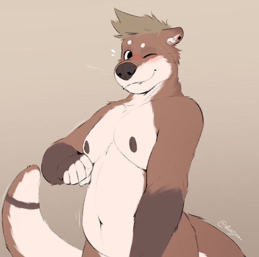 anthro belly ear_piercing gynecomastia looking_at_viewer male moobs nude one_eye_closed piercing slightly_chubby smile solo wink winking_at_viewer minedoo minedoo_(character) mammal mustelid otter hi_res