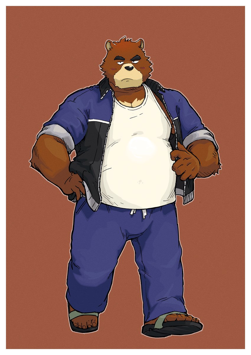 5_fingers 5_toes >:( anthro black_nose blue_bottomwear blue_clothing blue_jacket blue_pants blue_topwear border bottomwear brown_background brown_body brown_fur cheek_tuft chest_markings clothing countershade_snout countershading facial_tuft feet fingers footwear fur hand_on_hip jacket male markings pants rolled_up_sleeves sandals shirt shoes simple_background slightly_chubby slightly_chubby_anthro slightly_chubby_male snout solo tan_body tan_countershading tan_fur tank_top toes topwear tuft white_border white_clothing white_shirt white_tank_top white_topwear takichizento morenatsu juuichi_mikazuki bear black_bear mammal moon_bear ursine 2023 absurd_res colored hi_res