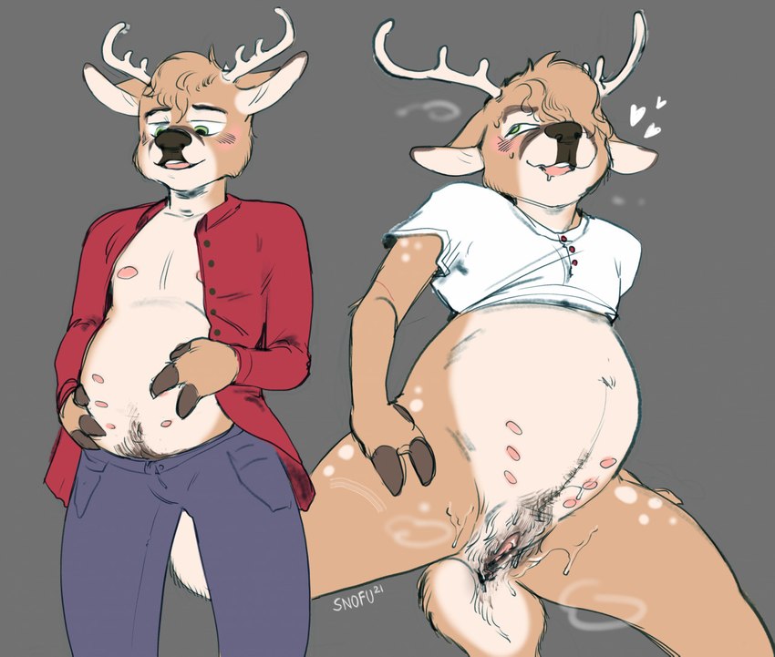 andromorph anthro antlers blush bottomless bottomwear clothed clothing denim denim_bottomwear denim_clothing genitals heart_symbol horn intersex jeans multi_nipple nipples pants pregnant pregnant_andromorph pregnant_anthro pregnant_intersex pussy solo thick_thighs wide_hips snofu gaius_baltar cervine deer mammal