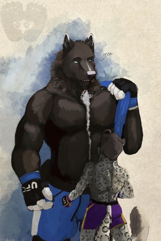 anthro duo fight male size_difference size_play wrestling azmarai ufc coal_(samt517) canid canine canis domestic_dog husky mammal nordic_sled_dog spitz hi_res