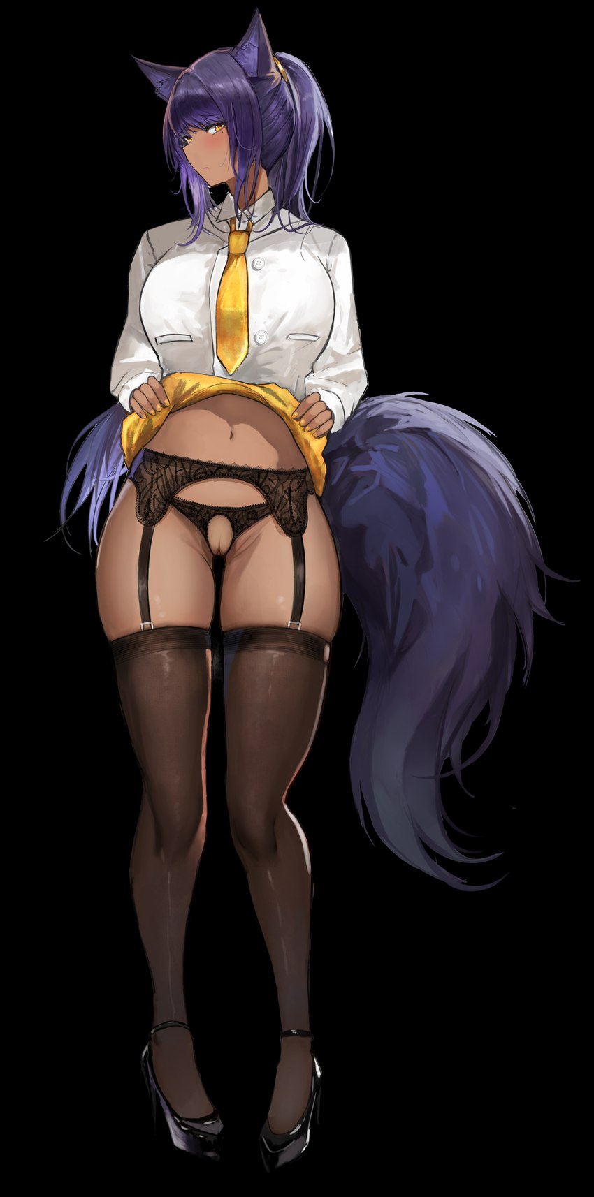 animal_ears animal_tail belly big_breasts blouse blush blushing_at_viewer bottomwear breasts canine_ears canine_tail clothed clothing clothing_lift crotchless_clothing crotchless_panties crotchless_underwear dark_body dark_skin embarrassed female footwear garter_belt garter_belt_leggings garter_belt_legwear garter_belt_socks garter_straps genitals hair high_heels legwear looking_at_viewer navel necktie office_clothing office_lady organs panties presenting presenting_pussy purple_hair pussy raised_bottomwear raised_clothing raised_skirt shoes skirt skirt_lift socks stockings stomach topwear underwear yellow_eyes vloodozer nour_anara animal_humanoid canid canine canis humanoid jackal mammal absurd_res hi_res