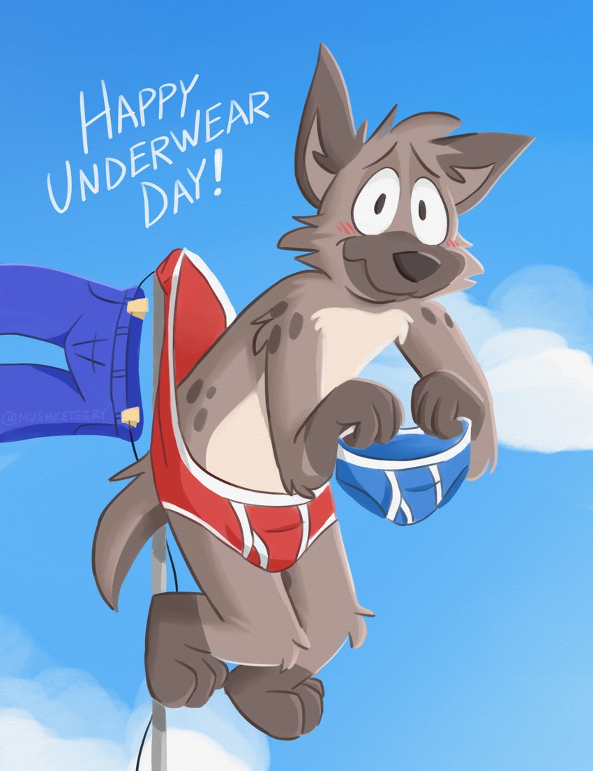 anthro barefoot blue_bottomwear blue_briefs blue_clothing blue_pants blue_sky blue_underwear blush bottomwear briefs briefs_only brown_body brown_fur brown_nose clothed clothes_line clothing cloud colored_seam_underwear feet flagpole fur hanging_wedgie male markings outside pants red_briefs red_clothing red_underwear sky smile solo spots spotted_markings text topless underwear underwear_only wedgie white_seam_briefs white_seam_underwear mushketeery national_underwear_day mushy_(mushketeteery) hyena mammal spotted_hyena english_text hi_res