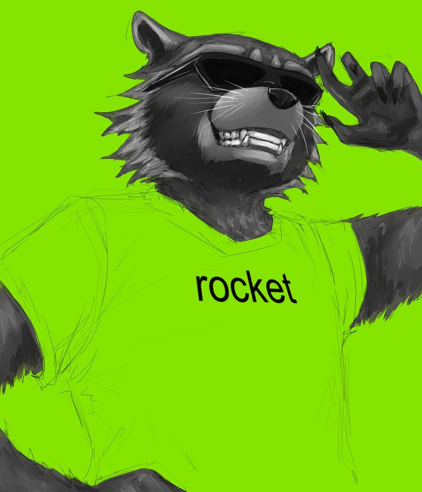 anthro clothing eyewear green_clothing green_shirt green_t-shirt green_topwear male shirt smile solo sunglasses t-shirt teeth_showing toothy_grin topwear wearing_sunglasses whiskers gwen_the_psychic rogertaylorswift brat_(charli_xcx) charli_xcx guardians_of_the_galaxy marvel rocket_raccoon mammal procyonid raccoon hi_res