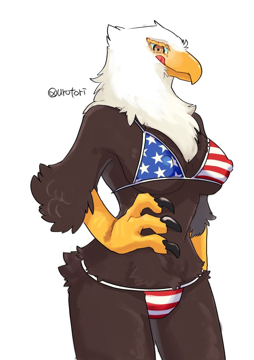 american_flag_bikini anthro beak bikini breasts brown_body brown_feathers claws clothing feathers female flag_bikini kemono licking licking_lips non-mammal_breasts scuted_arms scutes simple_background smile solo swimwear tongue tongue_out two-piece_swimsuit urotori american_eagle accipitrid accipitriform avian bald_eagle bird eagle sea_eagle hi_res