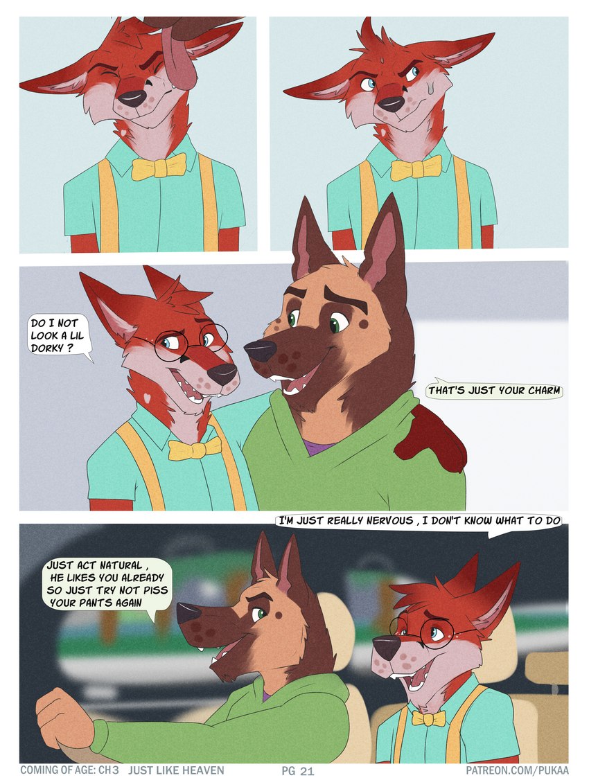 ageplay dialogue infantilism male male/male page_number roleplay teasing text pukaa daniel_(pukaa) oscar_(pukaa) canid canine canis domestic_dog fox german_shepherd herding_dog mammal pastoral_dog red_fox true_fox absurd_res comic english_text hi_res url