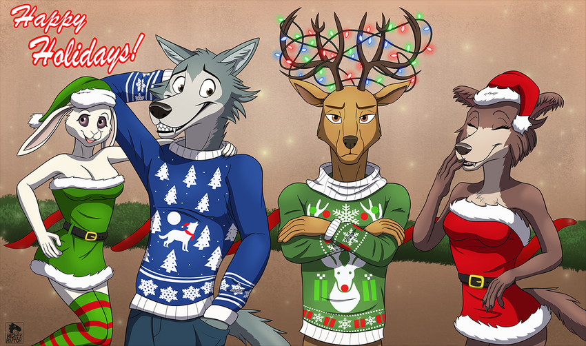 anthro breasts christmas_clothing christmas_headwear christmas_lights christmas_sweater christmas_topwear cleavage clothed clothing cords female festive group happy hat headgear headwear holidays lights male male/female santa_hat standing sweater topwear warm mightyraptor beastars christmas haru_(beastars) juno_(beastars) legoshi_(beastars) louis_(beastars) canid canine canis cervine deer domestic_rabbit dwarf_rabbit lagomorph leporid mammal oryctolagus rabbit red_deer wolf carnivore herbivore