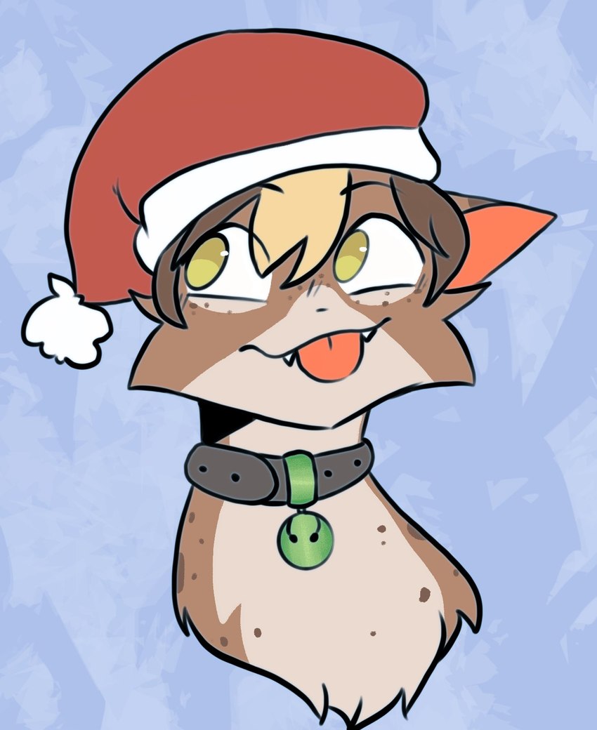 brown_body brown_fur brown_hair christmas_clothing christmas_headwear clothing collar fangs fur grey_collar hair hat headgear headwear holidays male santa_hat smile solo teeth tongue tongue_out freckledcoat christmas freckledcoat_(character) domestic_cat felid feline felis mammal 2022 hi_res