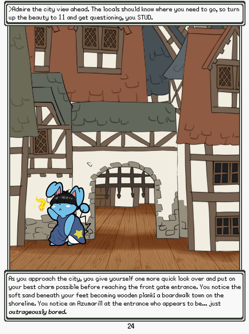 anthro building clothing gate gateway hair hidden_eyes male narration solo text window wooden_planks softestpuffss nintendo pokemon pokemon_mystery_dungeon rodent_powered_(softestpuffss) spike_chunsoft reagan_nester_(rodent_powered) azumarill generation_2_pokemon pokemon_(species) absurd_res english_text hi_res