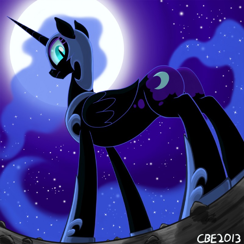 armor black_body black_feathers blue_eyes butt feathered_wings feathers female feral headgear helmet horn looking_at_viewer low-angle_view night outside pupils rock slit_pupils solo sparkles star wings worm's-eye_view crimsonbugeye friendship_is_magic hasbro my_little_pony mythology nightmare_moon_(mlp) equid equine mammal mythological_creature mythological_equine winged_unicorn 1:1 2013