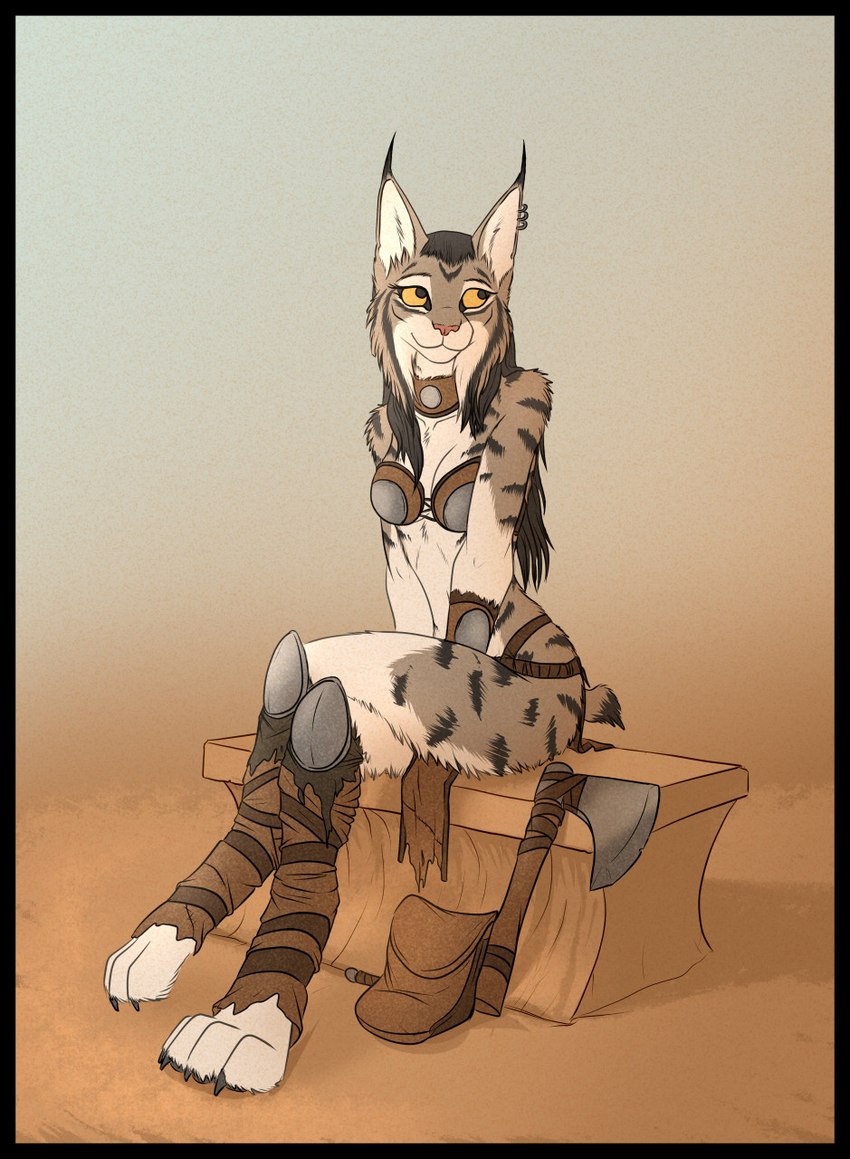 anthro axe black_border border ear_piercing ear_ring female piercing pouch_(clothing) ring_piercing sitting solo tribal spectronic mira_(spectronic) felid feline lynx mammal hi_res