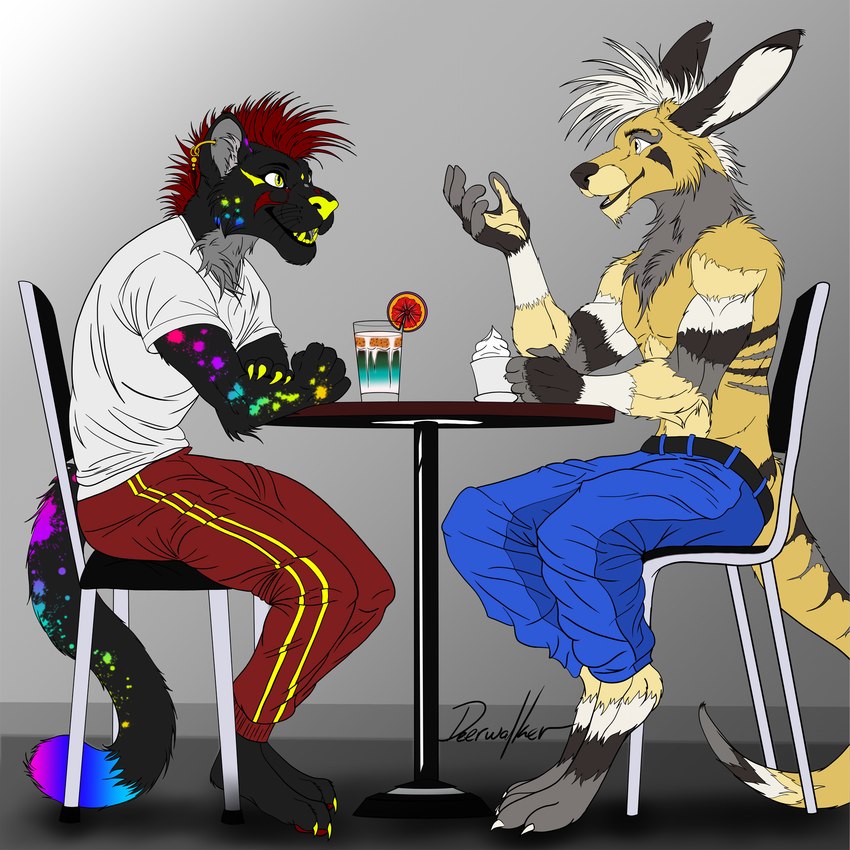 alcohol anthro askari_(khayoz) belt beverage chair cocktail cocktail_garnish cocktail_glass coffee coffee_mug coffee_shop container cup dairy_products drinking_glass duo ear_piercing food fur furniture glass glass_container glass_cup grey_eyes hair leaning_on_table male male/male markings mohawk multicolored_markings on_chair piercing rainbow_markings red_hair simple_background sitting sitting_on_chair spots spotted_body spotted_fur striped_body striped_fur stripes talking_to_another wasp_(khayoz) whipped_cream yellow_eyes deerwalker cheetah felid feline kangaroo king_cheetah macropod mammal marsupial 1:1 flat_colors hi_res